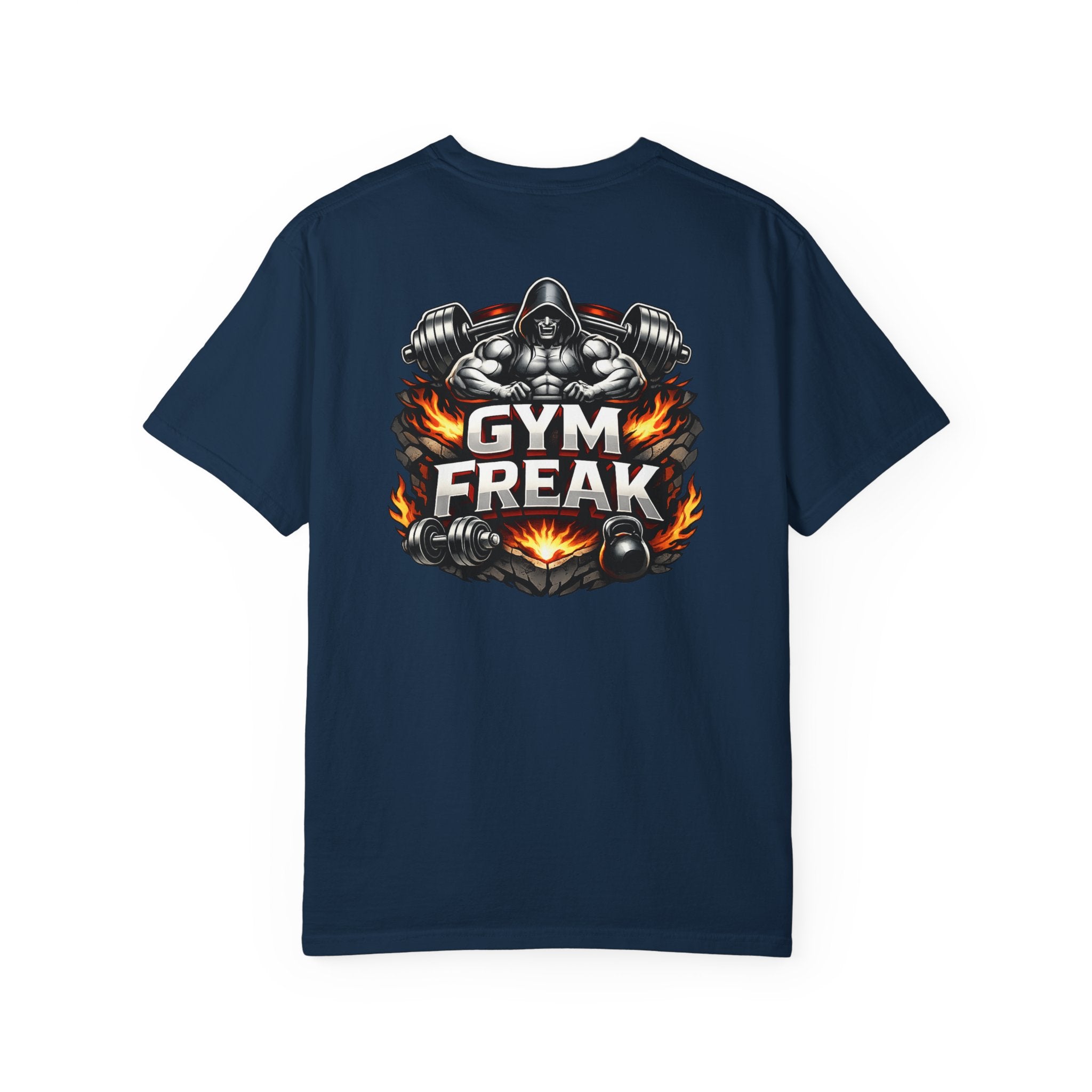 Gym Freak graphic T-shirt | Muscle Hooded Figure, Dumbbell Flames