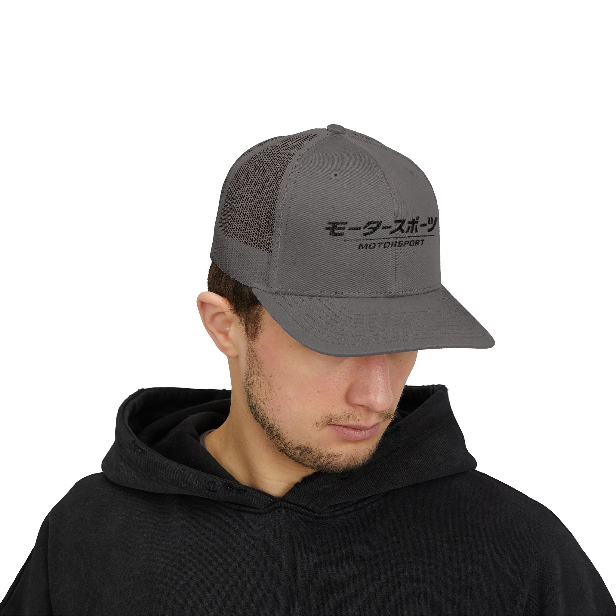 Motorsport Trucker Cap — Japanese Kana Racing Logo Snapback