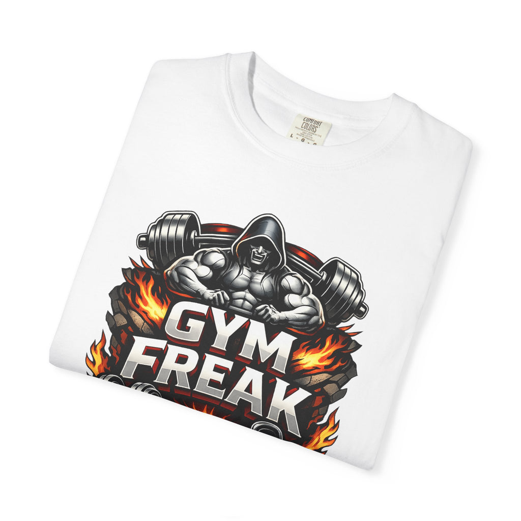 Gym Freak graphic T-shirt | Muscle Hooded Figure, Dumbbell Flames