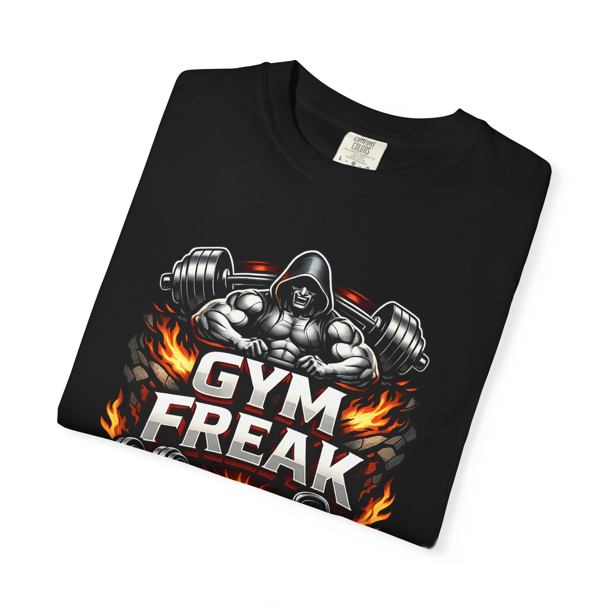 Gym Freak graphic T-shirt | Muscle Hooded Figure, Dumbbell Flames