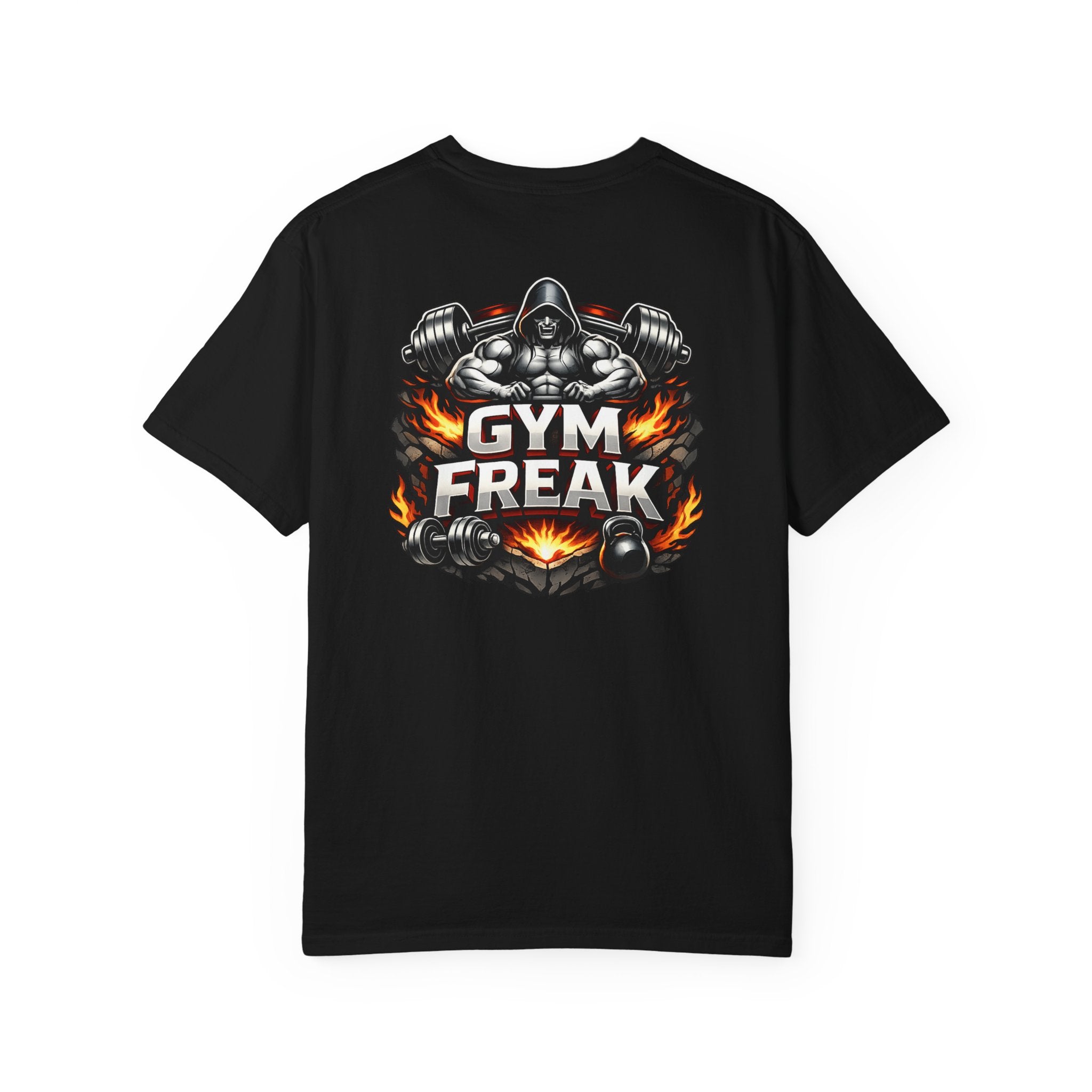 Gym Freak graphic T-shirt | Muscle Hooded Figure, Dumbbell Flames