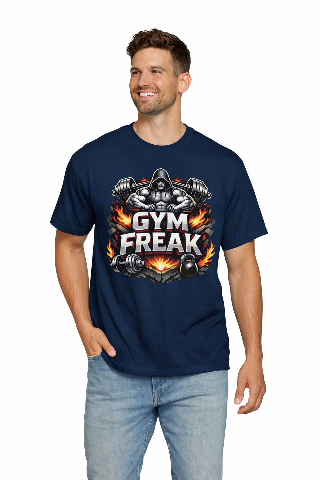 Gym Freak graphic T-shirt | Muscle Hooded Figure, Dumbbell Flames
