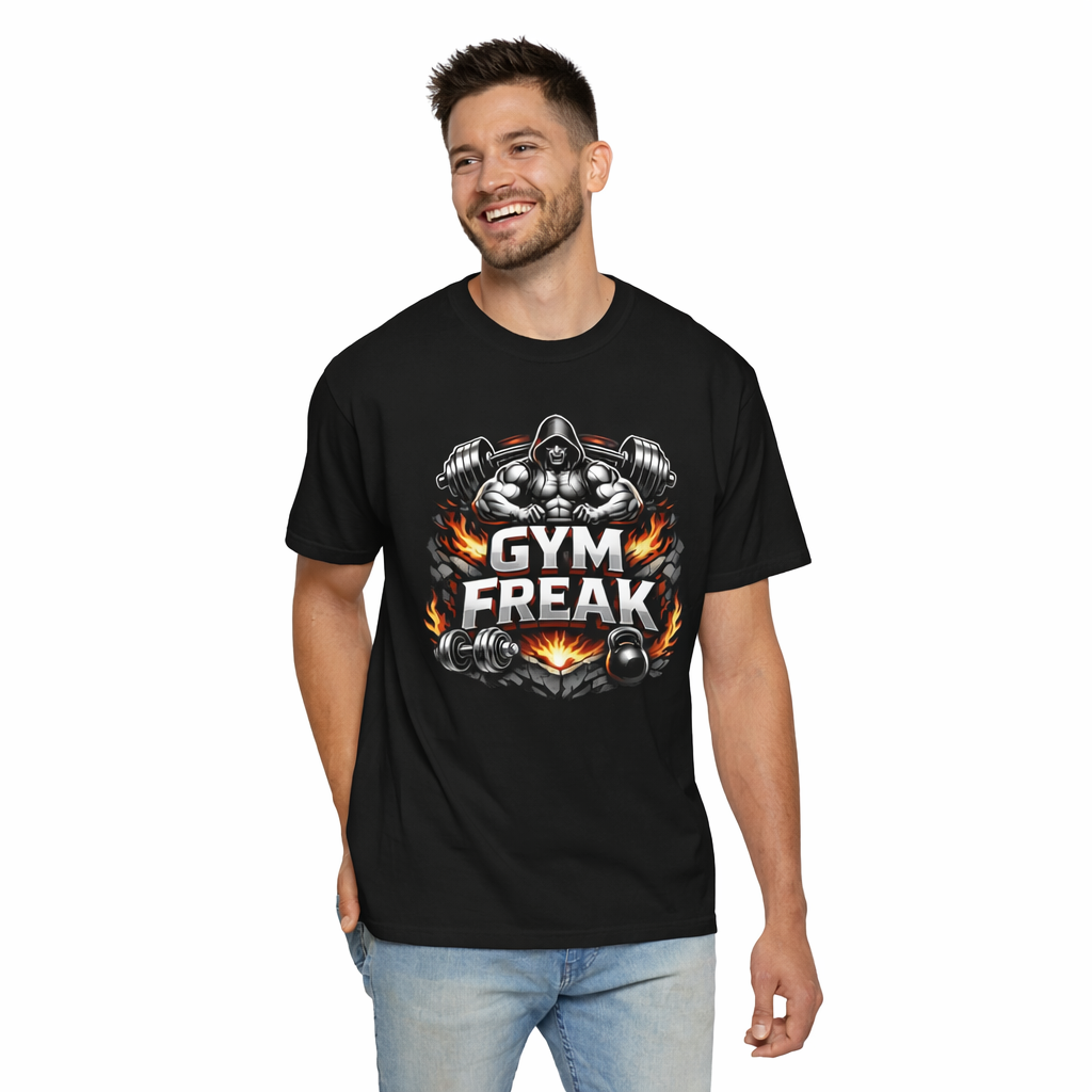 Gym Freak graphic T-shirt | Muscle Hooded Figure, Dumbbell Flames