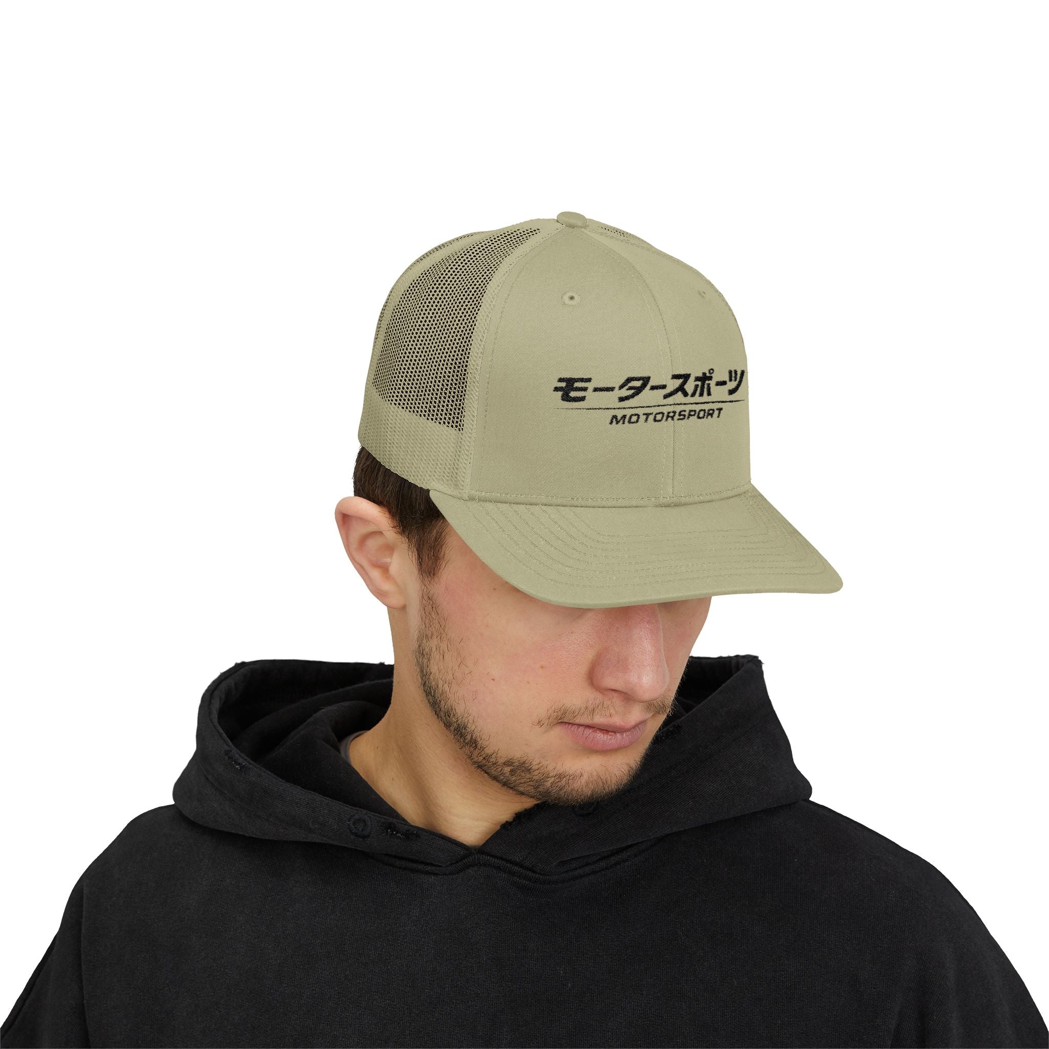 Motorsport Trucker Cap — Japanese Kana Racing Logo Snapback