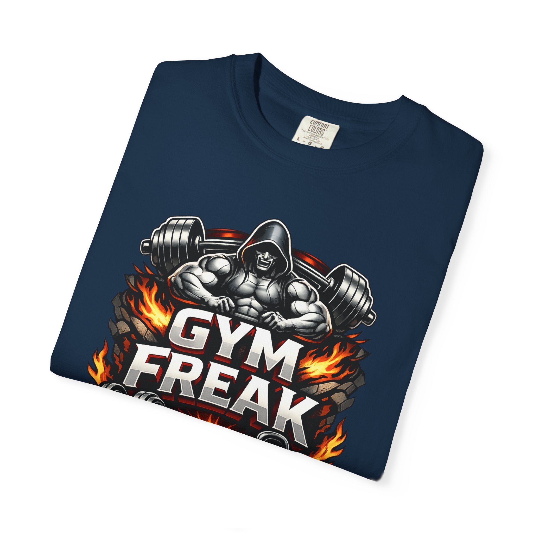 Gym Freak graphic T-shirt | Muscle Hooded Figure, Dumbbell Flames