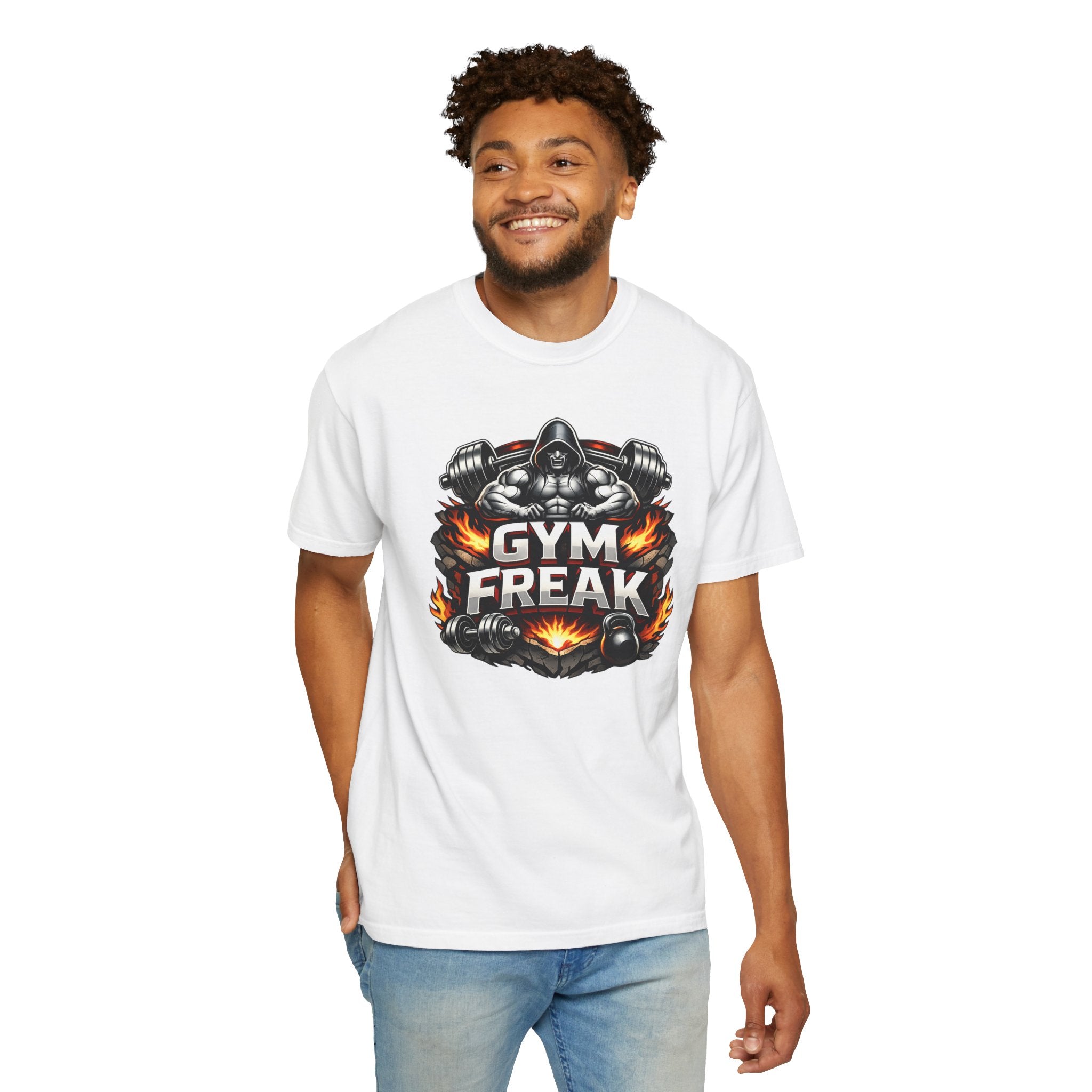 Gym Freak graphic T-shirt | Muscle Hooded Figure, Dumbbell Flames