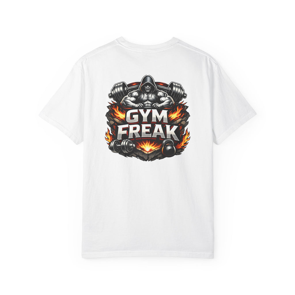 Gym Freak graphic T-shirt | Muscle Hooded Figure, Dumbbell Flames