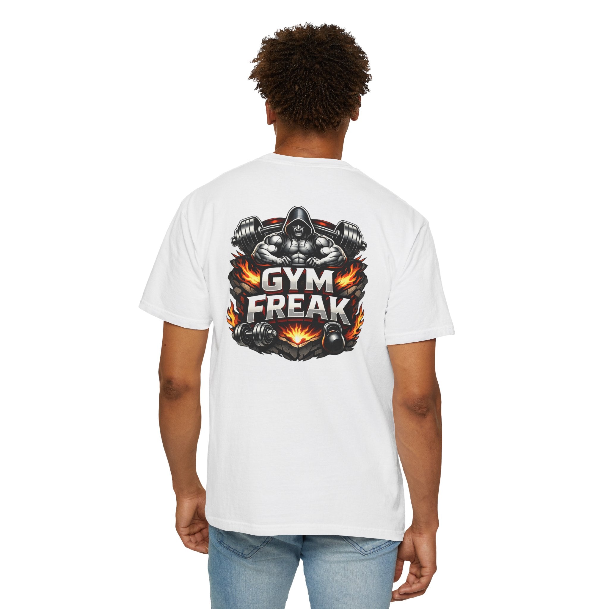 Gym Freak graphic T-shirt | Muscle Hooded Figure, Dumbbell Flames